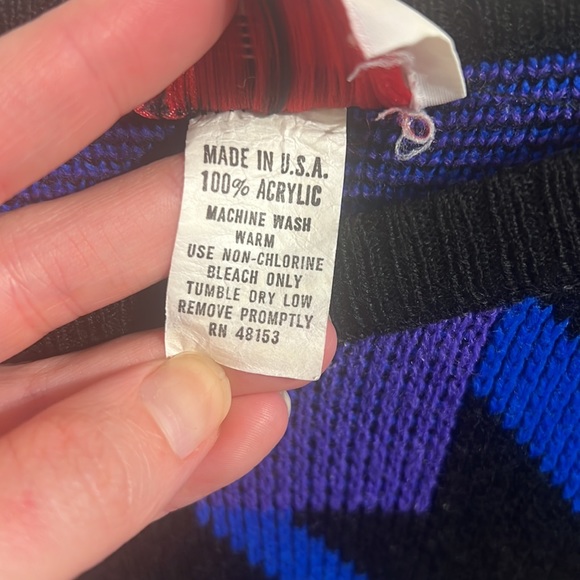 Vintage 80s Plus Size Houndstooth Geometric Funky Acrylic Dress Blue Yellow Pink - Picture 4 of 10